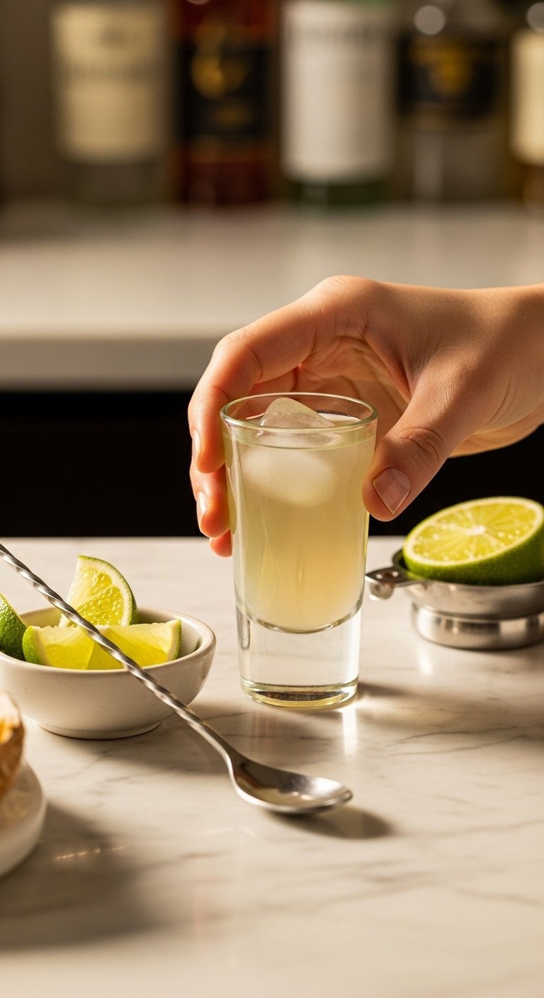 Hand holds chilled green tea shot, lime wedges & bar spoon. Testing cocktail flavor balance on a marble bar counter.