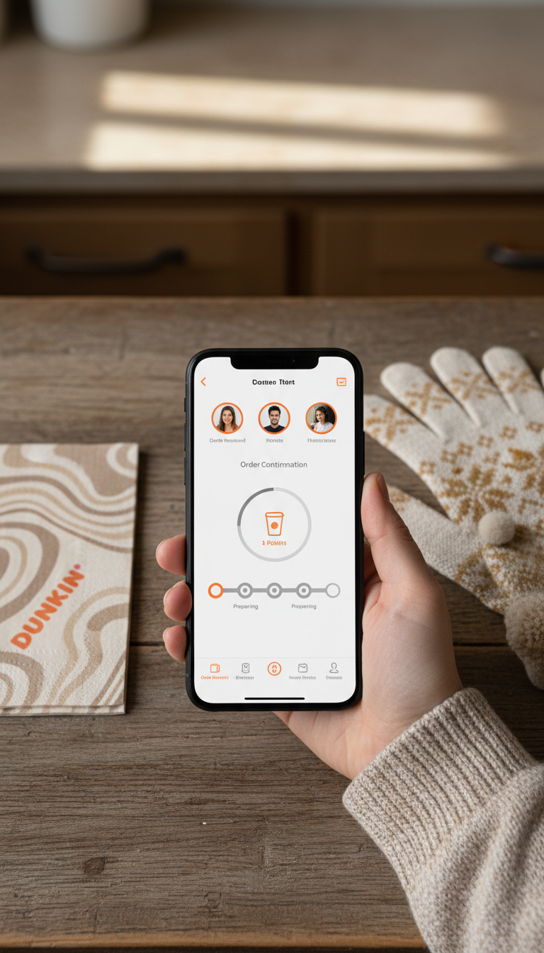 Hand holds smartphone displaying Dunkin' app mobile order confirmation with reward points. Rustic wood table, festive gloves.