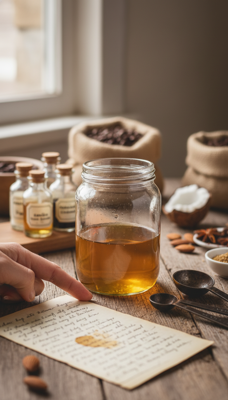Hand pointing to a sugar crystal forming in homemade almond syrup, troubleshooting recipe flaws on a rustic wooden table.
