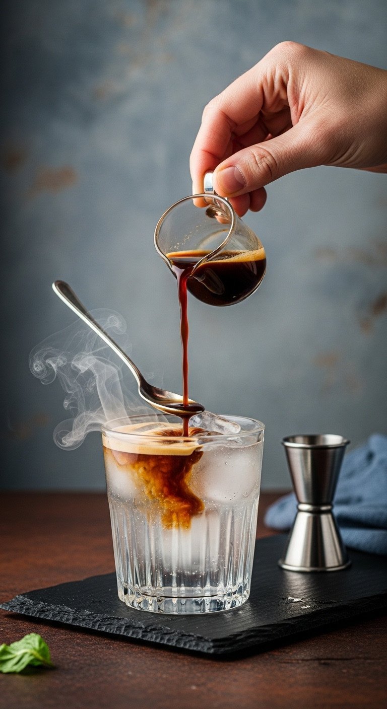 Perfectly Layered Chai Espresso Tonic Recipe You Need To Make 9 Hand pouring chilled espresso over a silver bar spoon to create a distinct dark layer on top of tonic water in a glass.