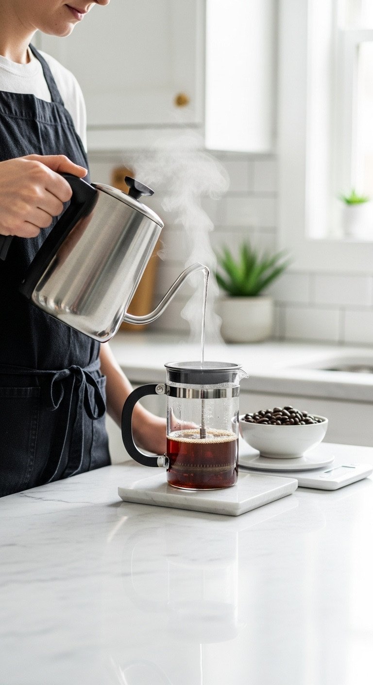 Hand pouring hot water from a sleek gooseneck kettle into a glass French press on a marble kitchen counter.