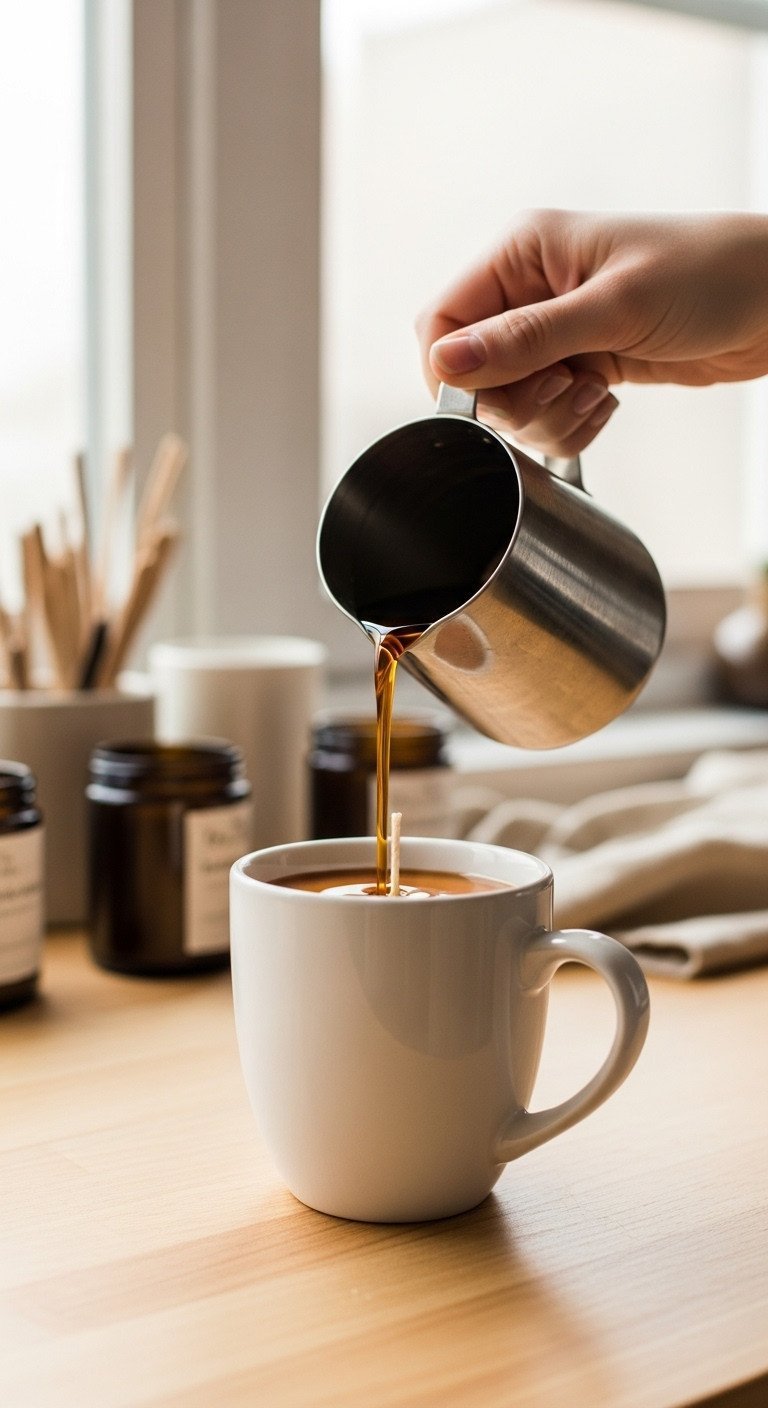Hand pouring melted coffee-scented soy wax from a metal pot into a white ceramic mug to create a handmade candle.