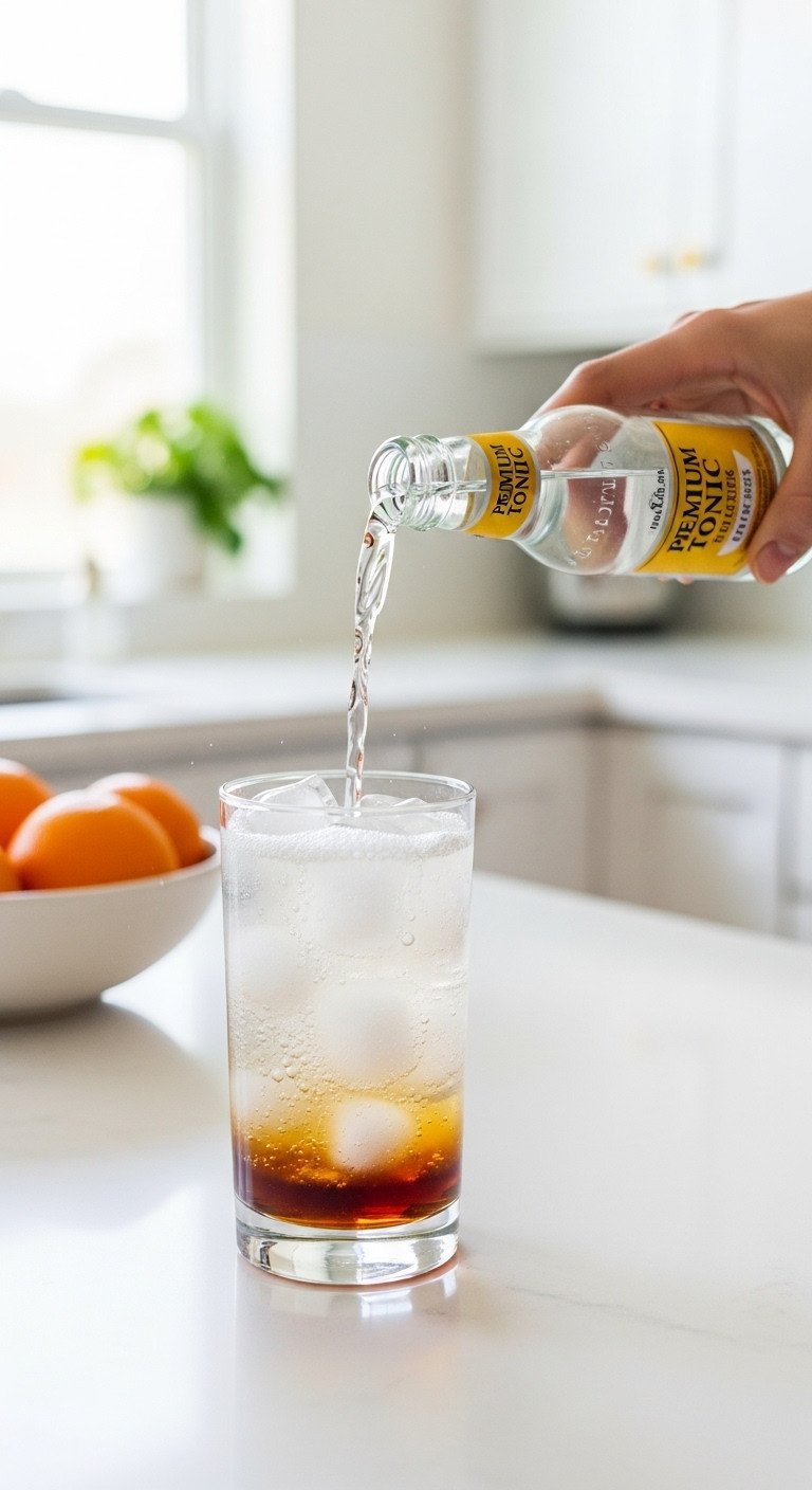 Perfectly Layered Chai Espresso Tonic Recipe You Need To Make 7 Hand pouring premium tonic water into a frosted glass with ice and a layer of chai syrup for an espresso tonic recipe.