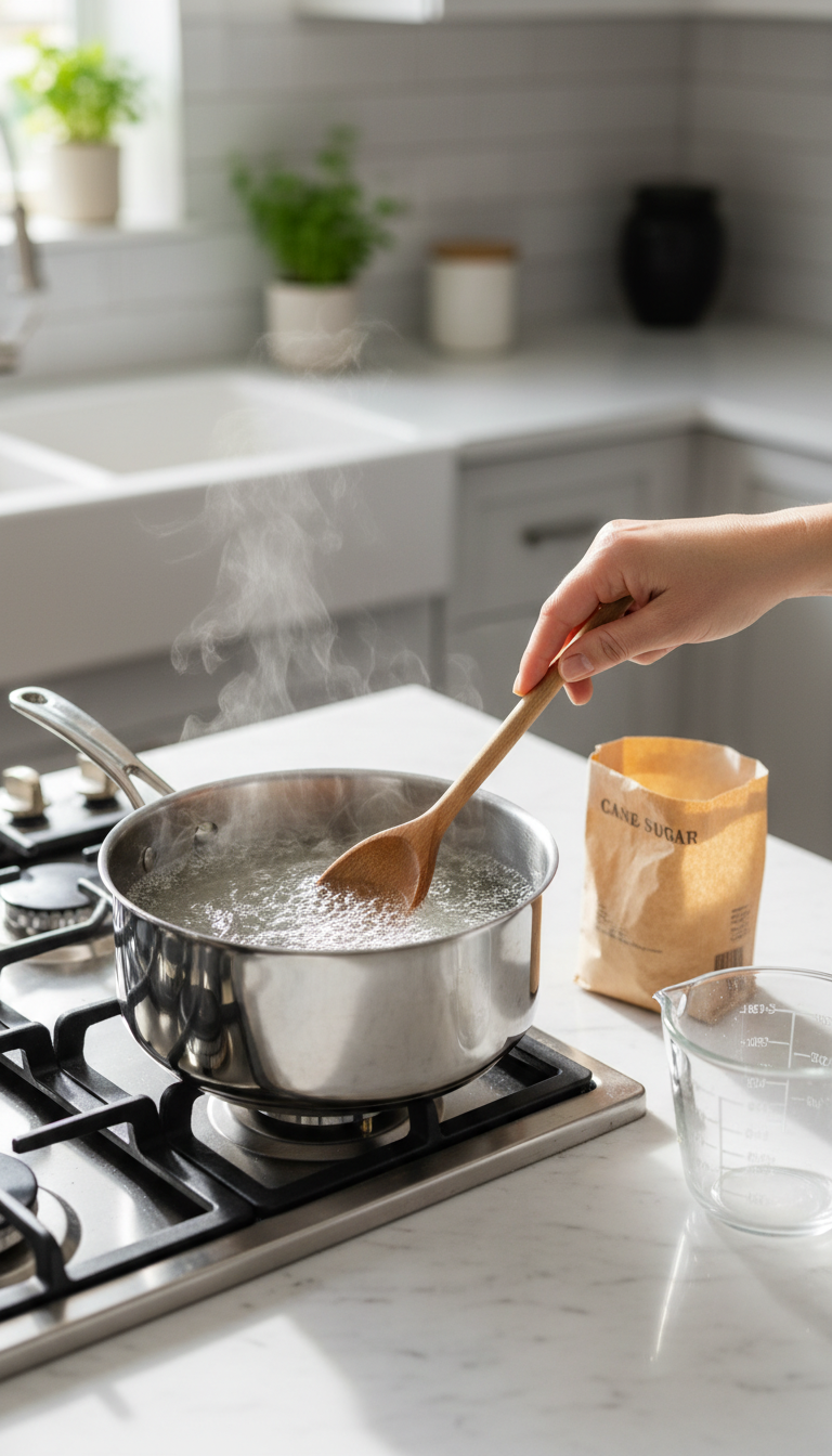 Homemade Ube Coffee Syrup: Ultimate DIY Guide 3 Hand stirs clear simple syrup simmering in stainless steel saucepan on stovetop with sugar bag and measuring cup. Homemade sugar syrup.