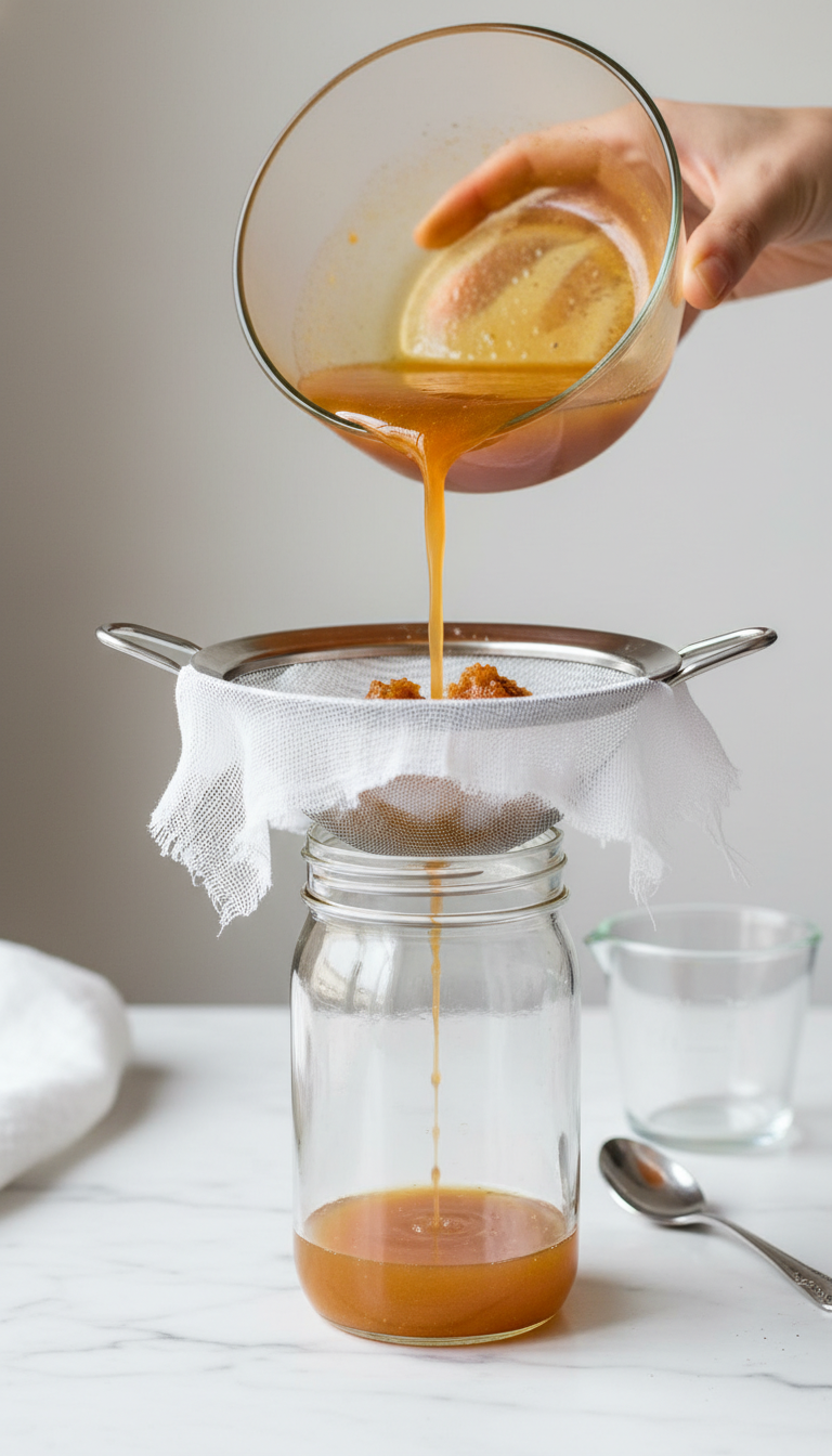 Hand straining rich pumpkin spice syrup through a fine-mesh sieve with cheesecloth into a glass jar. Pumpkin solids evident.
