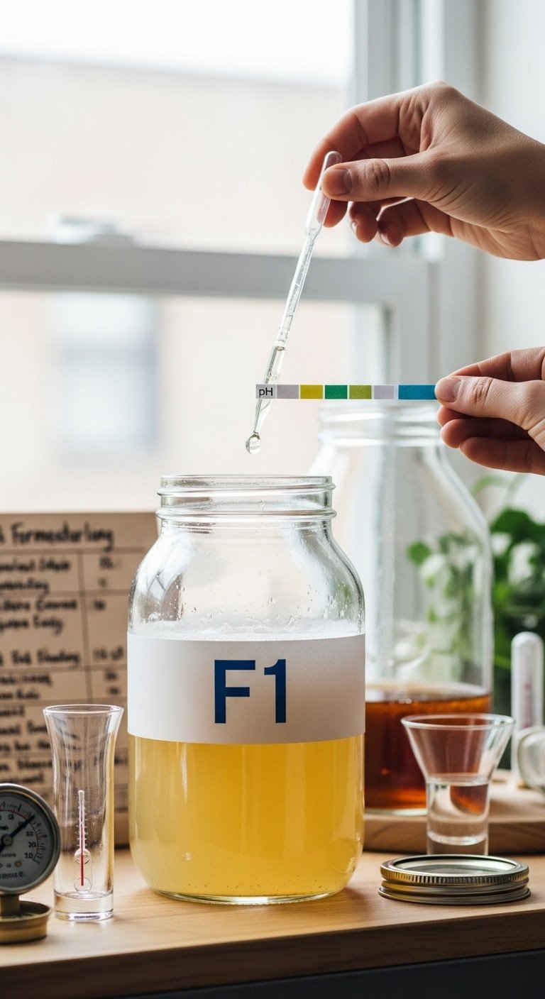 Master Kombucha Home Brewing For Gut Health And Perfect Flavor 6 Hand testing kombucha pH with a pipette and strip showing pH 3.0, near a brewing jar on an organized shelf.