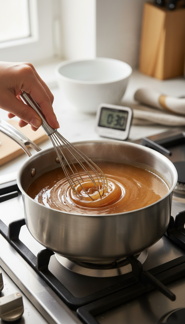 Homemade Peppermint Mocha Coffee Syrup: Master This Recipe 11 Hand whisking smooth, thick liquid in a saucepan on a stainless steel stove top. Shows syrup making process.