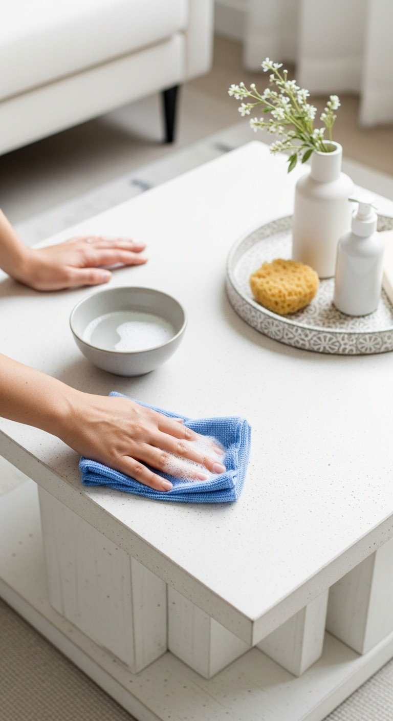 Hand wiping white concrete coffee table with damp cloth and soapy water. Easy routine maintenance for modern minimalist home decor.