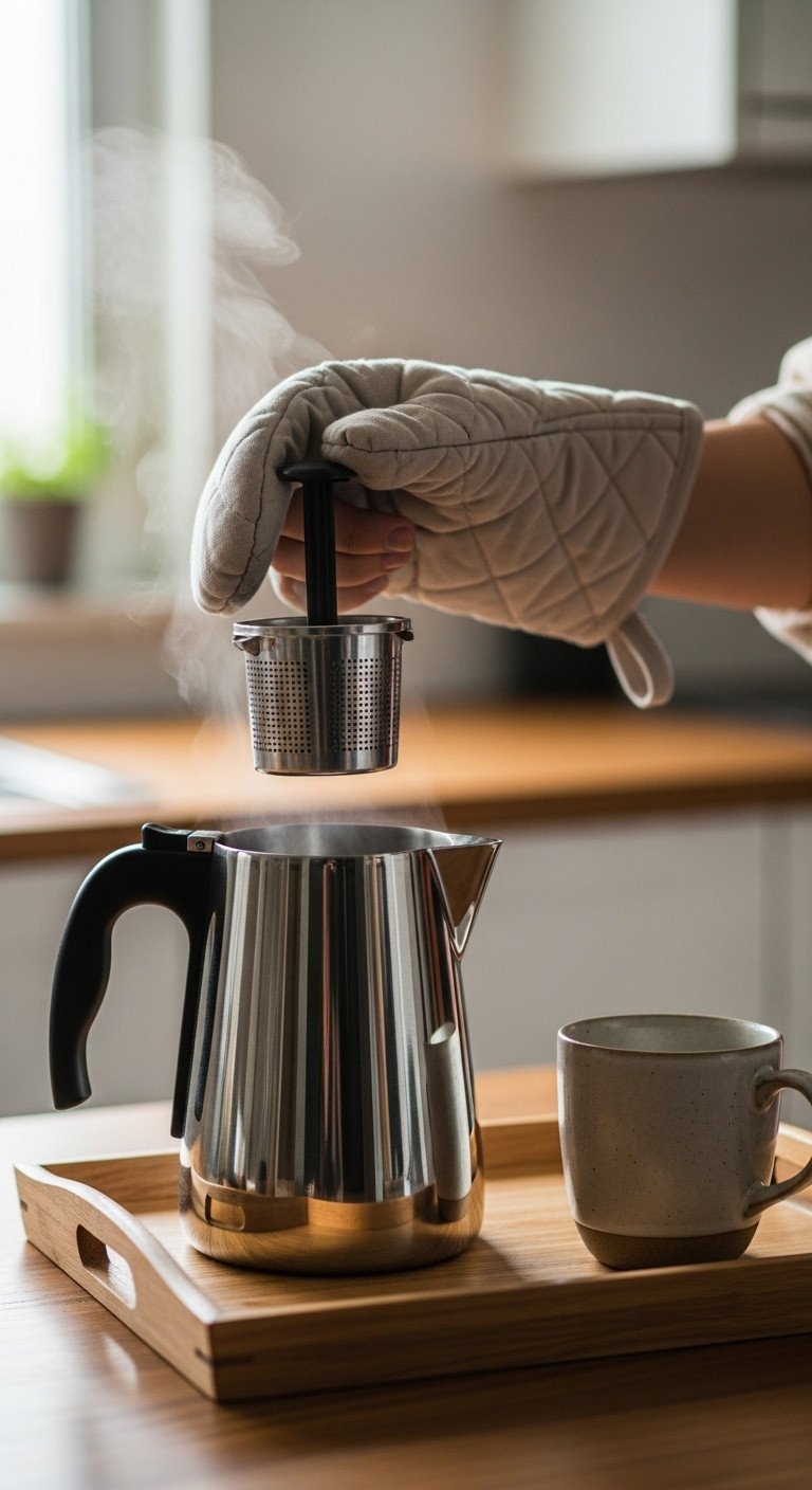 Hand with an oven mitt removes the coffee grounds basket assembly from a steaming percolator on a wooden serving tray.