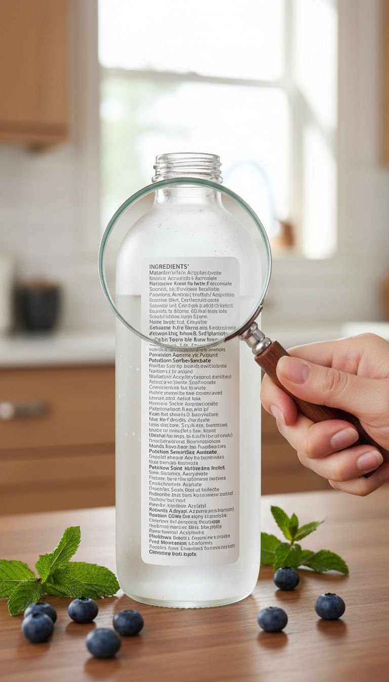 7 Genius Rules to Vetting Functional Wellness Drinks 12 Hand with magnifying glass over a functional beverage ingredient list, highlighting chemical names, symbolizing search for hidden fillers. Healthy drink.