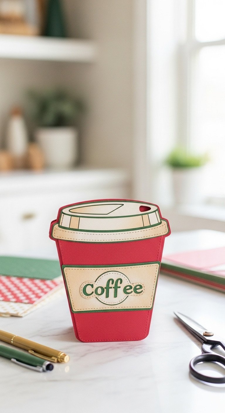 Handmade festive red and green cardstock coffee cup gift card holder craft, with a slot for a gift card, perfect for DIY Christmas gifts.