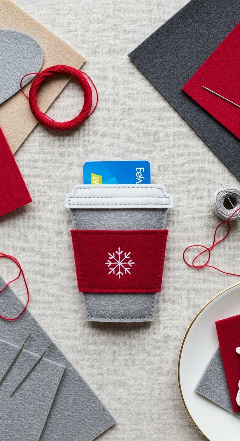 Handmade red and gray felt coffee gift card holder, embroidered snowflake design, with a colorful gift card peeking out.