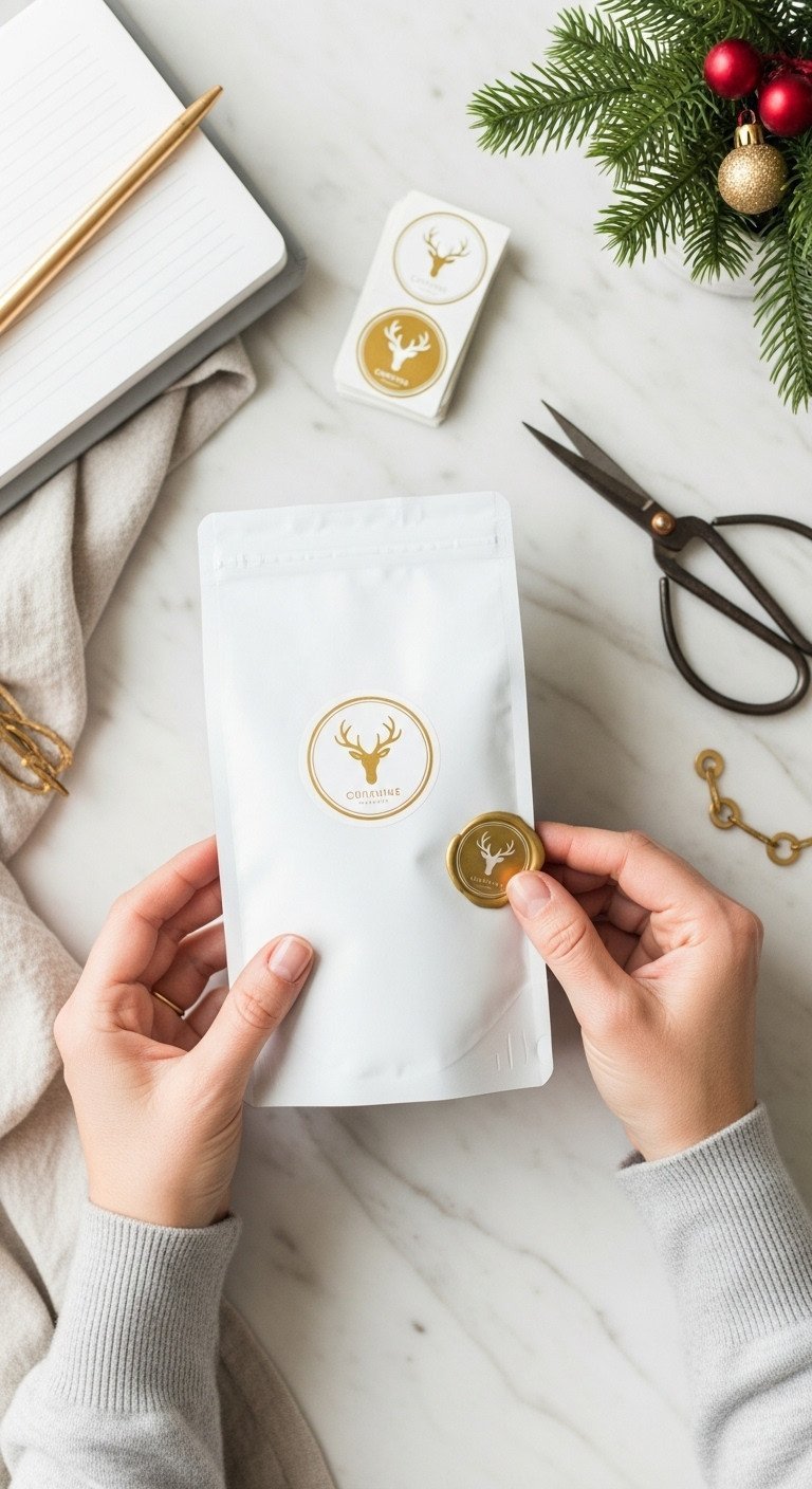 Hands applying a gold-foil reindeer label to a white matte coffee bag on a marble counter, with elegant scissors for custom packaging.