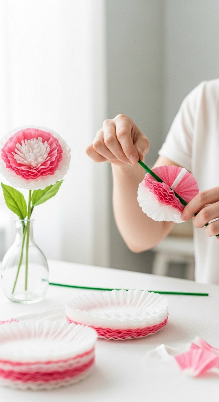 Hands assemble a DIY coffee filter flower, pushing a green pipe cleaner stem through a stack of fluffy pink and white petals.
