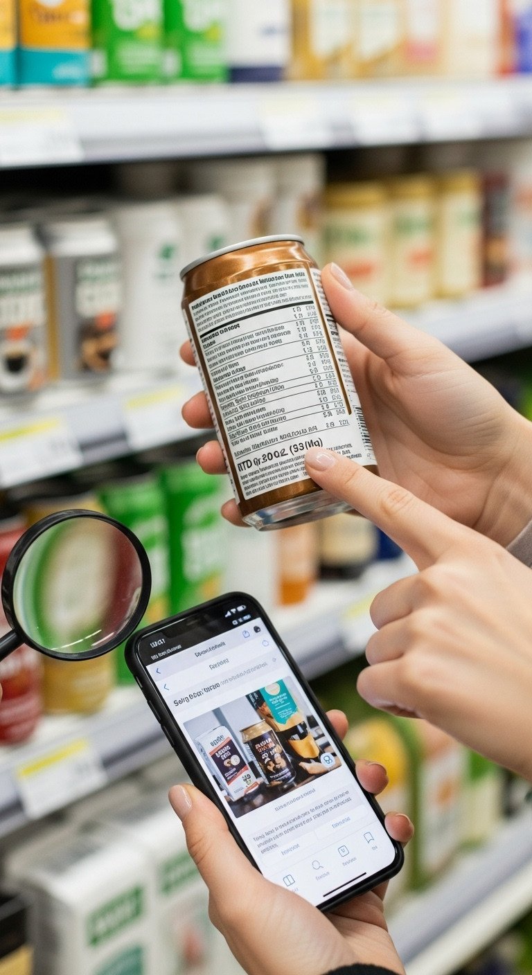 Hands check RTD coffee can label for safety, thumb on batch code. Supermarket setting, consumer protection.