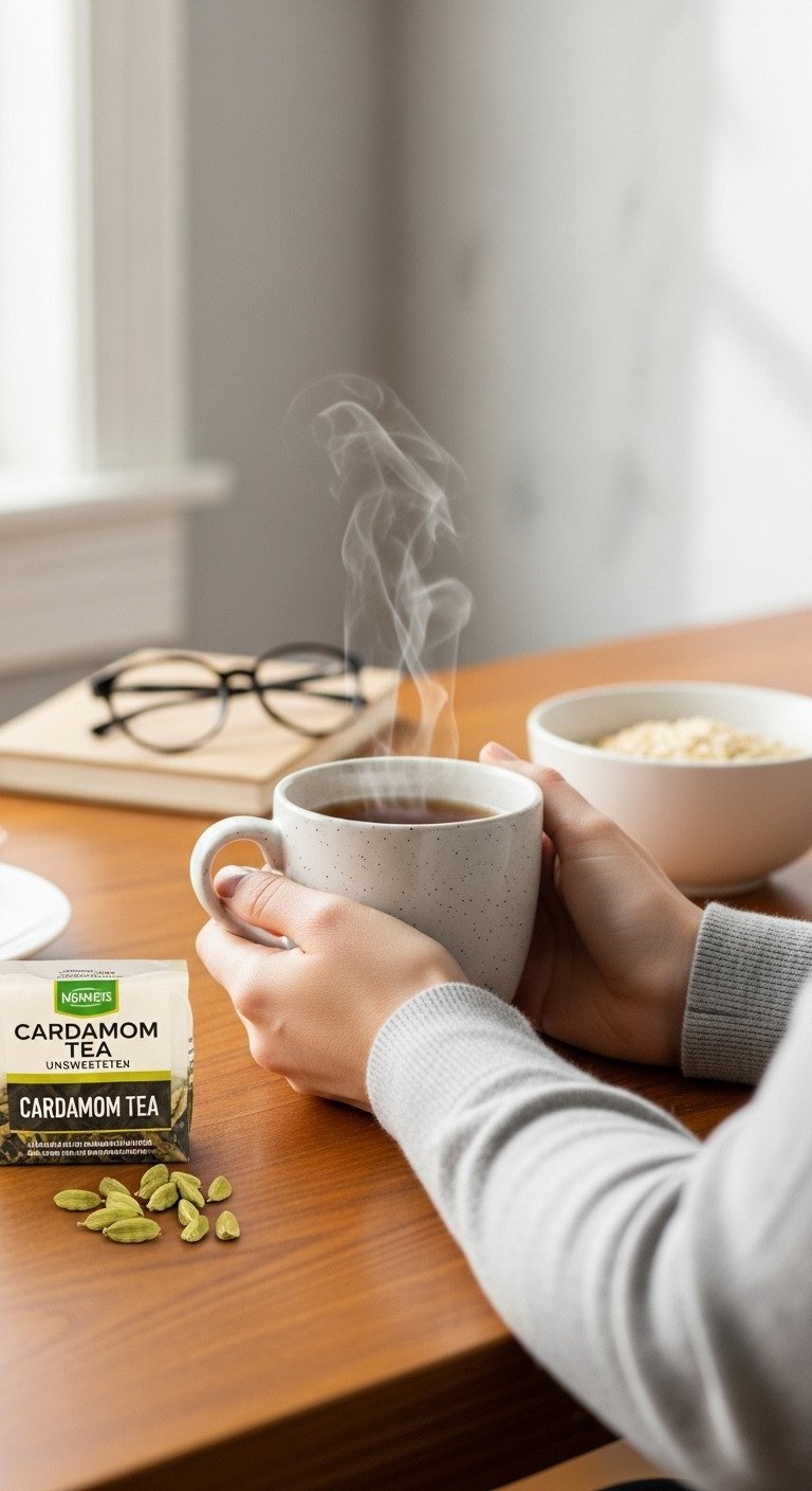 Cardamom Tea Ultimate Recipe Guide 7 Proven Benefits and Flavor Secrets 9 Hands cradle a steaming cardamom tea mug with oatmeal on a polished desk, a cozy, healthy morning routine.
