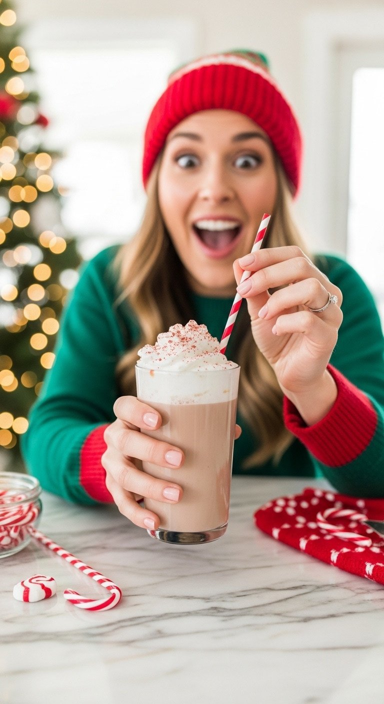 Hands excitedly hold a festive Peppermint Mocha with a red striped straw, bokeh Christmas tree in background. Vibrant holiday scene.