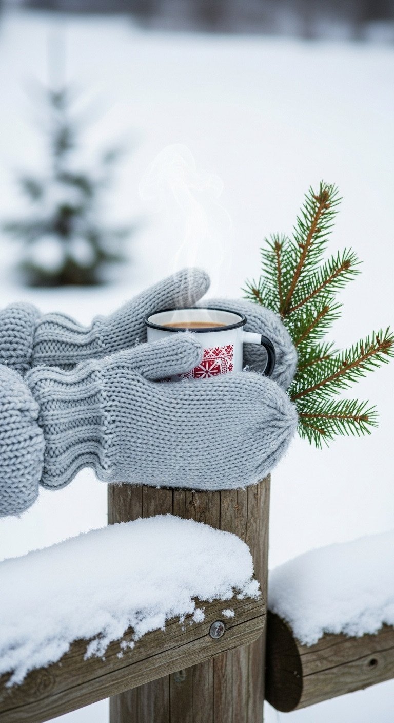 Hands in knitted mittens holding steaming festive enamel mug in fresh snow, rustic log, blurred pine trees, serene winter.