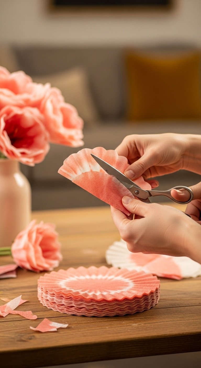 Hands use scissors to cut a scalloped petal shape into a folded stack of tie-dyed coffee filters for a DIY flower project.