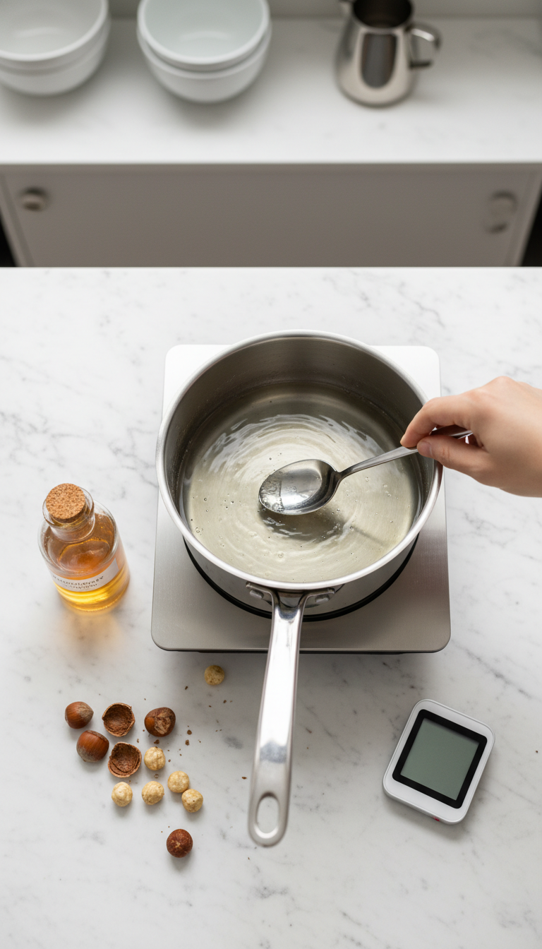 Hazelnut extract bottle, simmering simple syrup in a saucepan, spoon, and timer on a clean marble counter. Organized kitchen.