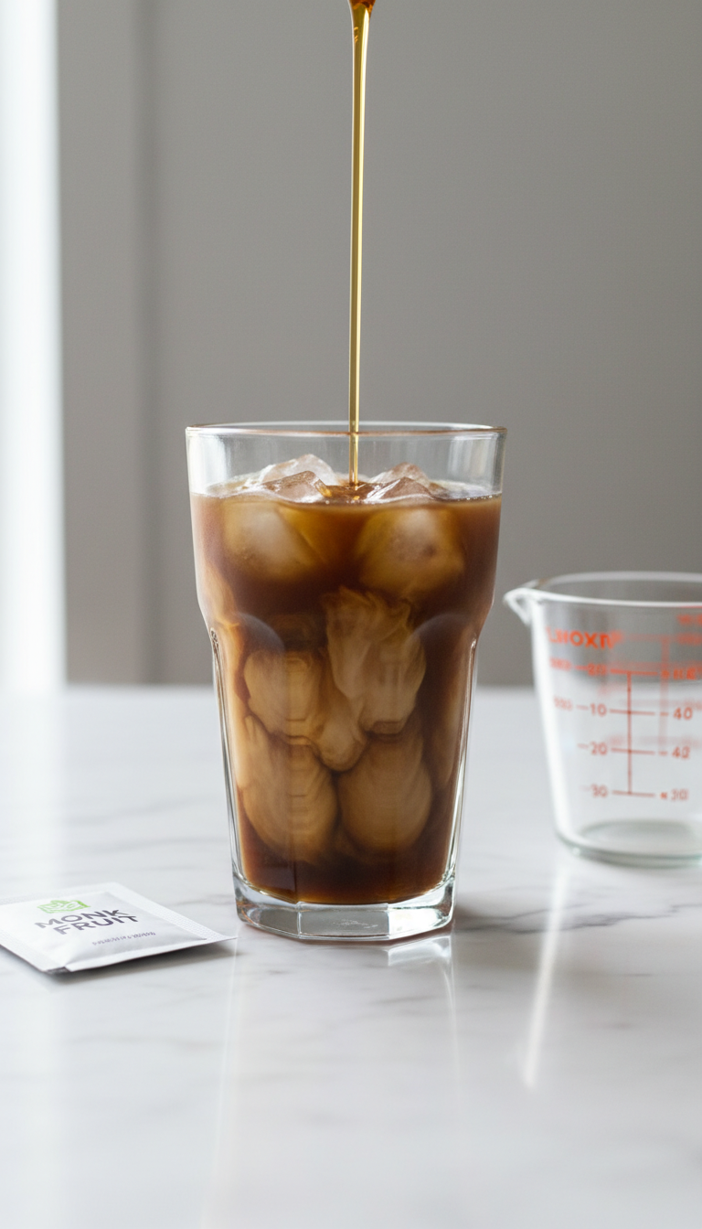 Delicious Homemade Maple Coffee Syrup 5 Best Flavors 9 Healthier low-calorie maple syrup pouring into iced coffee, clear and blending on white marble, bright minimalist.