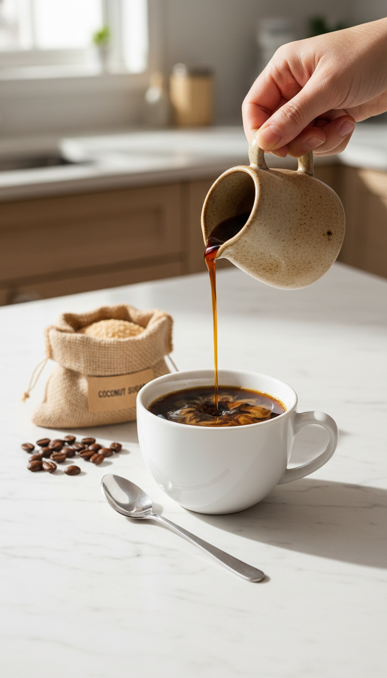 Homemade Healthy Coffee Syrups: 7 Essential Natural Recipes 13 Healthy brown sugar alternative syrup pours into a white coffee mug, swirling. Coconut sugar, beans on marble in soft light.