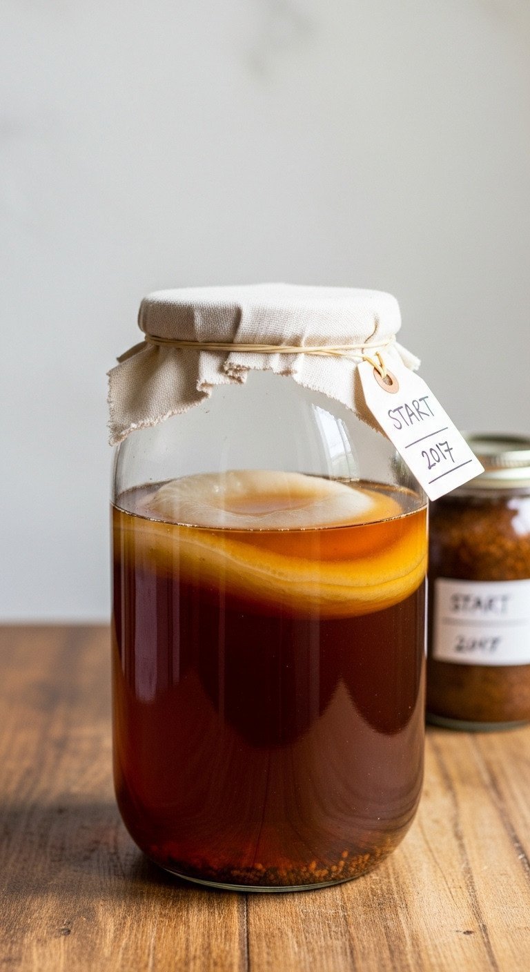 Master Kombucha Home Brewing For Gut Health And Perfect Flavor 5 Healthy, creamy white SCOBY culture in dark amber sweet tea within a glass brewing jar on a wooden table.