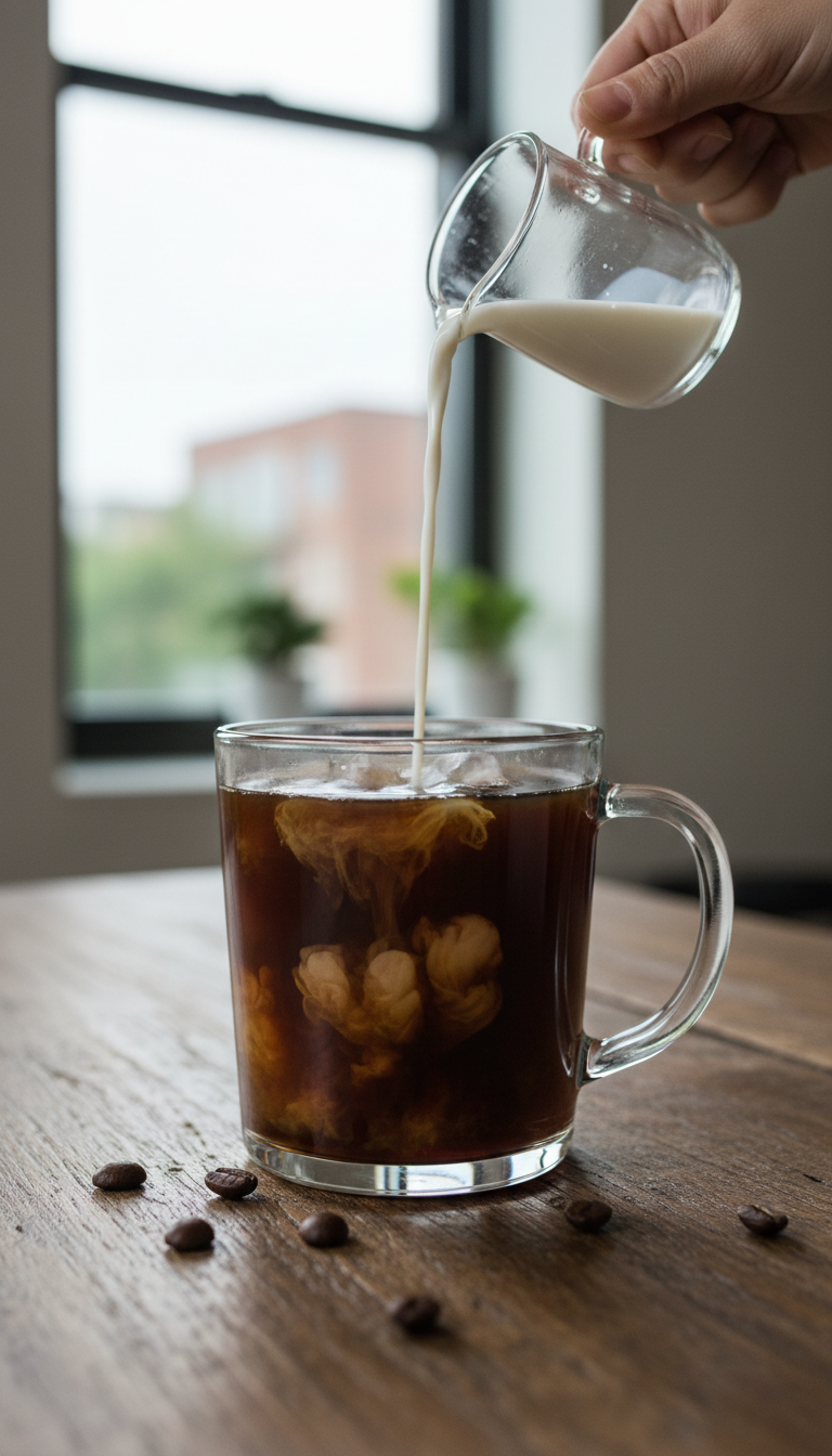 Healthy Dunkin Iced Coffee 7 Proven Low-Calorie Drinks 3 Healthy dark cold brew coffee with skim milk pouring into a modern mug on a rustic wooden table, with coffee beans.