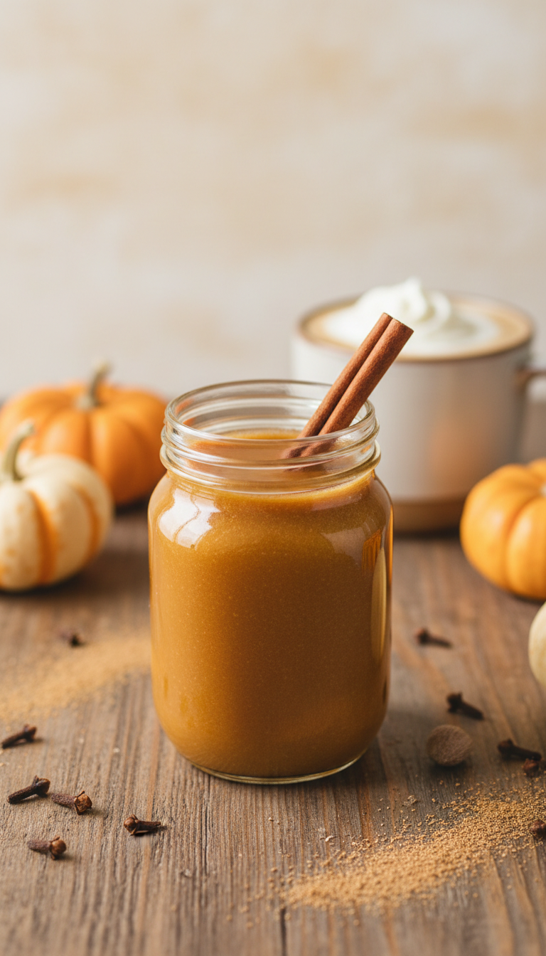 Homemade Healthy Coffee Syrups: 7 Essential Natural Recipes 5 Healthy homemade pumpkin spice syrup in vintage jar with cinnamon stick. Latte, gourds, cloves on rustic wood in soft light.