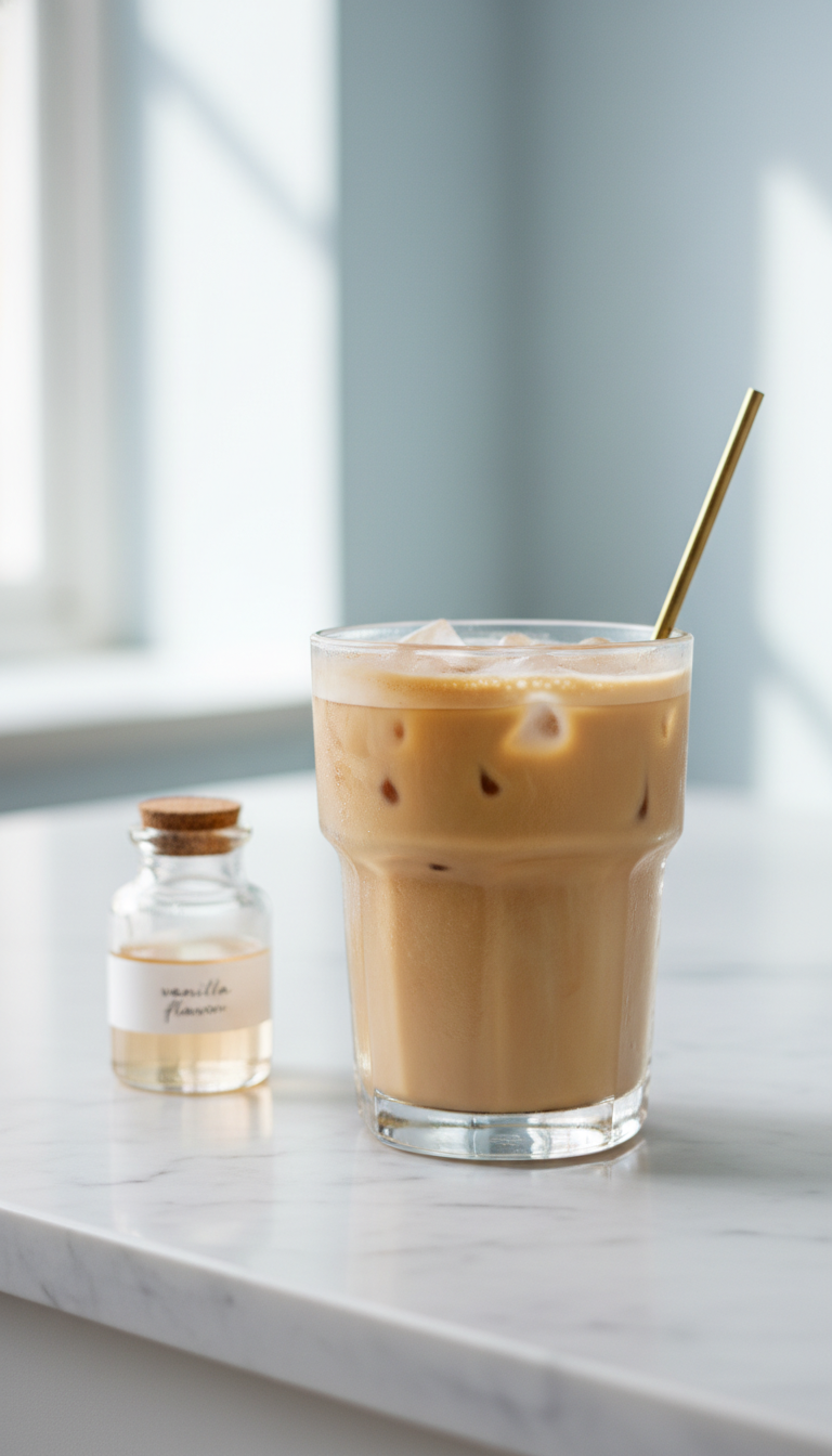 Healthy Dunkin Iced Coffee 7 Proven Low-Calorie Drinks 1 Healthy iced coffee in a clear glass with almond milk foam, ice, and a vanilla shot on a marble counter. Refreshing lifestyle drink.