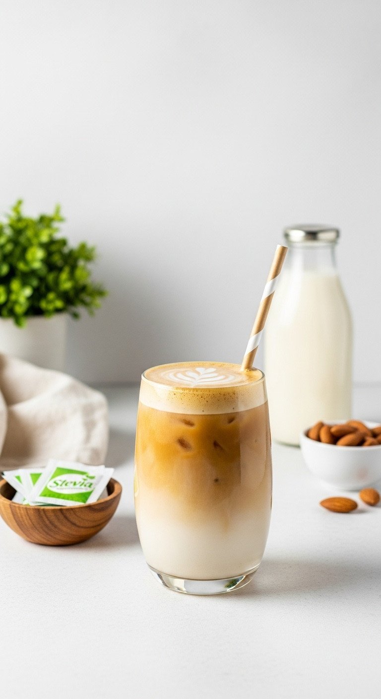 11 Iced Coffee Recipes And Secret Fixes For Watery Coffee 19 Healthy, low-sugar iced coffee with light foam in a modern glass on white, with Stevia packets and almond milk bottle.