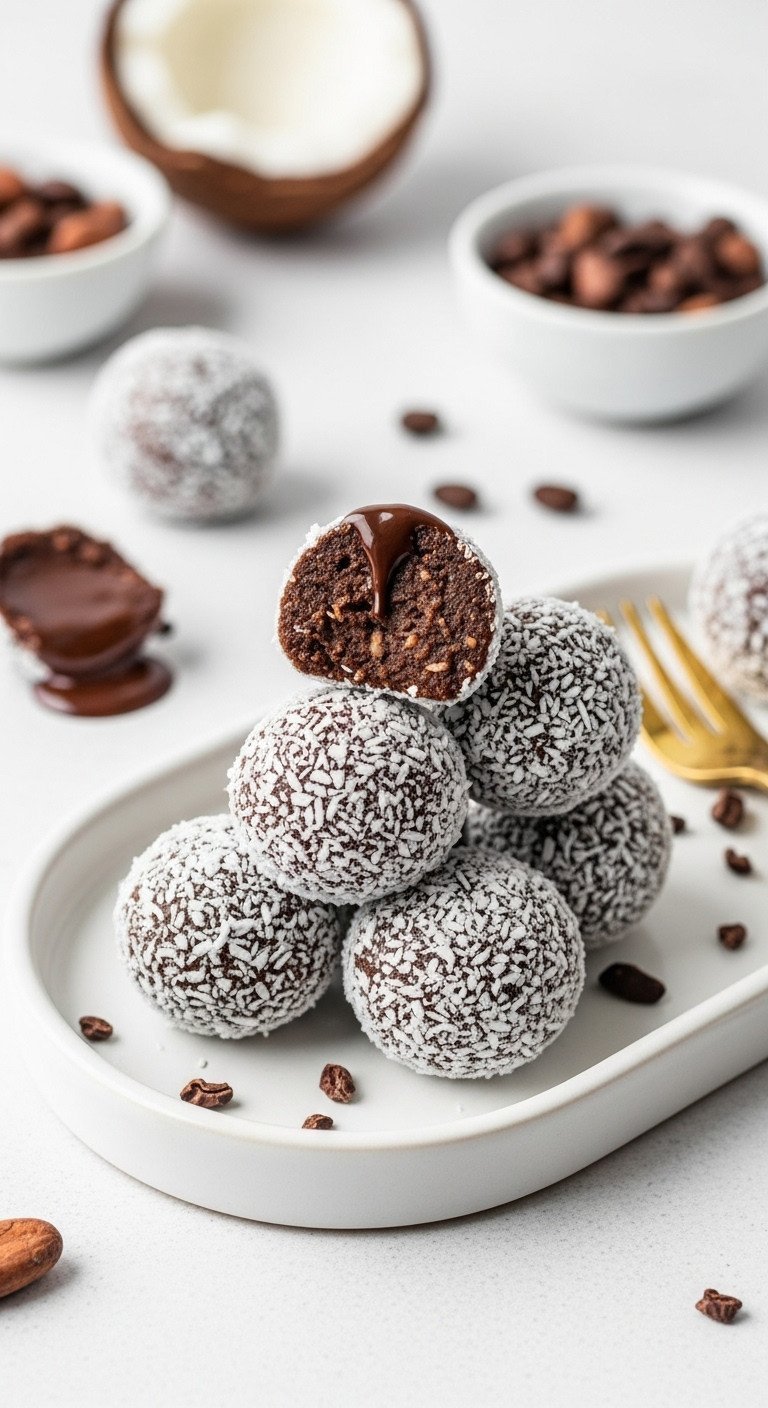 Healthy no-bake instant coffee bliss balls, coated in coconut and cocoa, on a minimalist white tray with coffee beans.