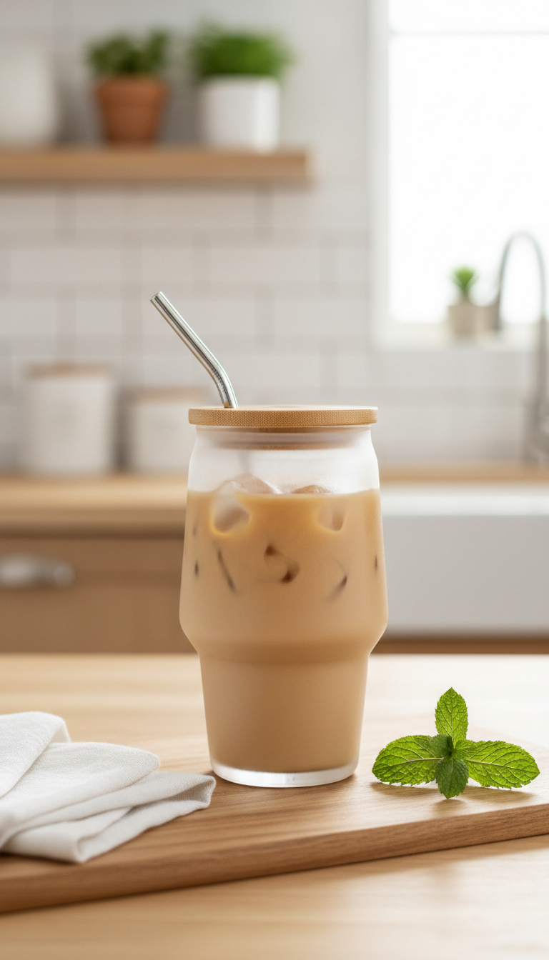 Healthy oat milk mocha iced coffee in a reusable travel tumbler on a wooden desk with a mint sprig in a bright kitchen.