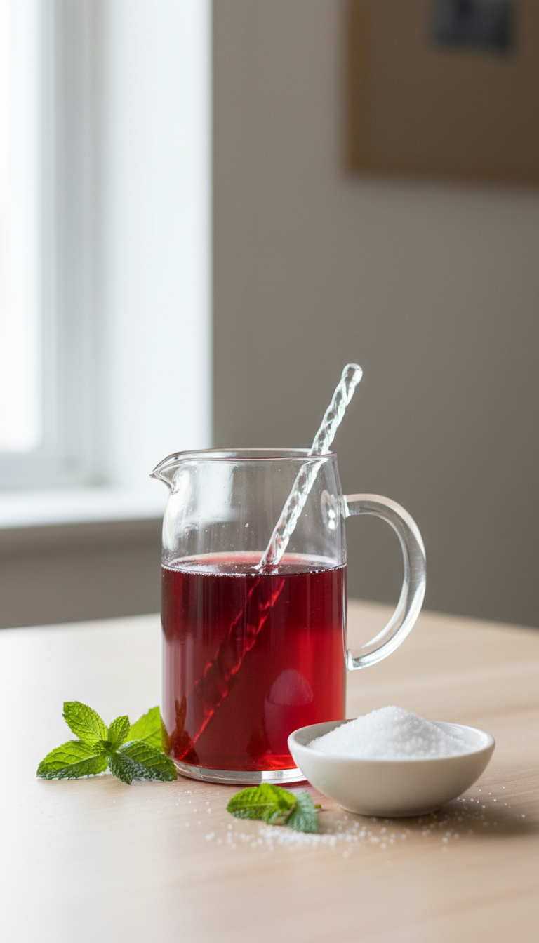 Homemade Raspberry Coffee Syrup: 7 Essential Recipes 3 Healthy raspberry coffee syrup in a pitcher with natural sugar substitute, monk fruit blend, and mint sprigs. Focus on sugar-free living.