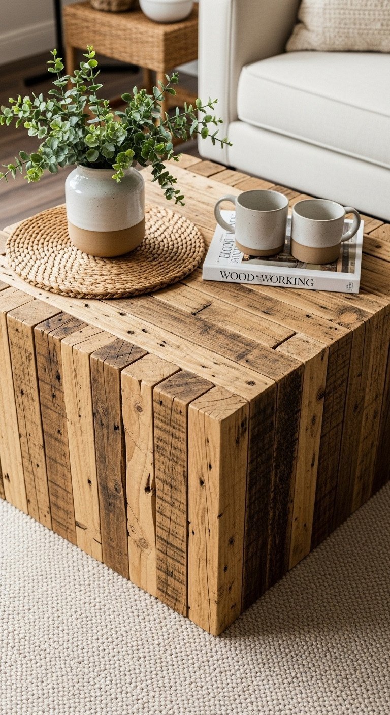 Heavy-duty square coffee table crafted from stacked 4x4 reclaimed barn posts, rich texture, rustic living room accent.