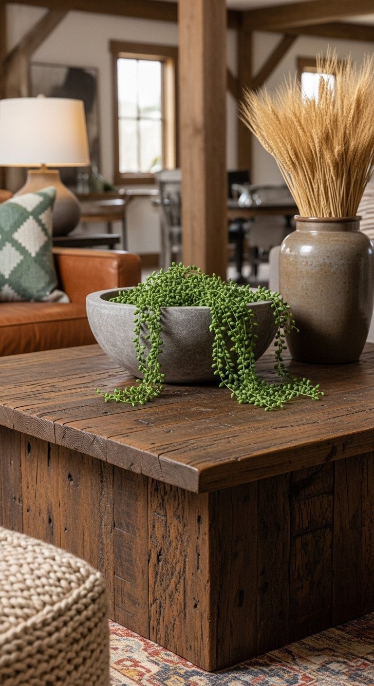 Discover 11 Genius Boho Coffee Table Ideas for Eclectic Homes 9 Heavy square reclaimed wood coffee table with stone bowl, string of pearls plant in a rustic-eclectic living room.