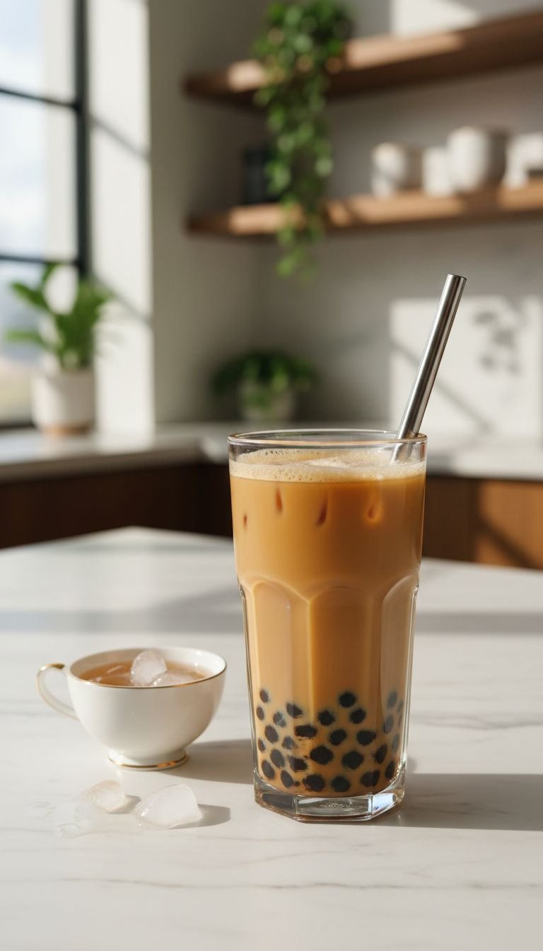 High-angle close-up of amber Classic Milk Tea Protein Boba with foam and straw on a marble counter in a blurred kitchen.