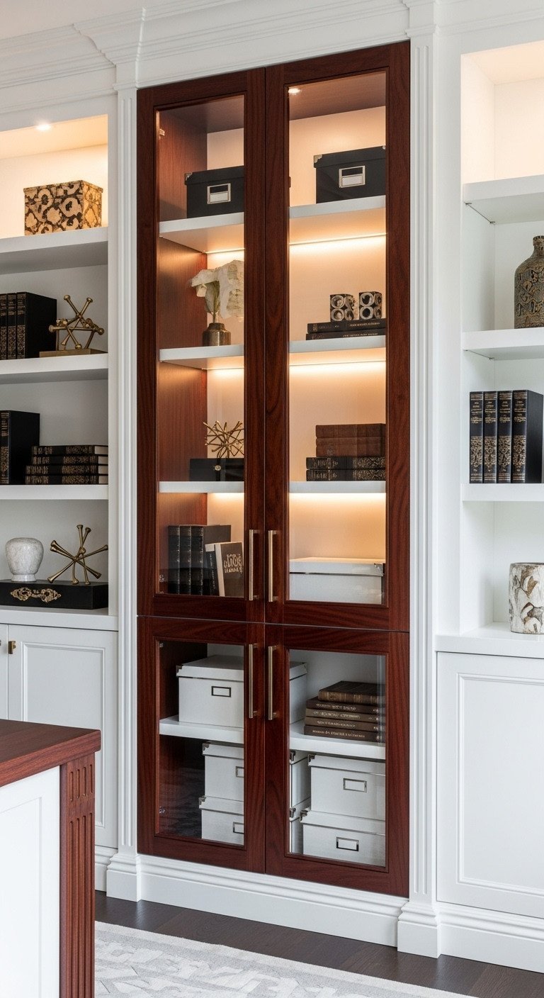 High-end custom cabinetry with organized shelves displaying curated books and decorative accessories in a sophisticated home office.