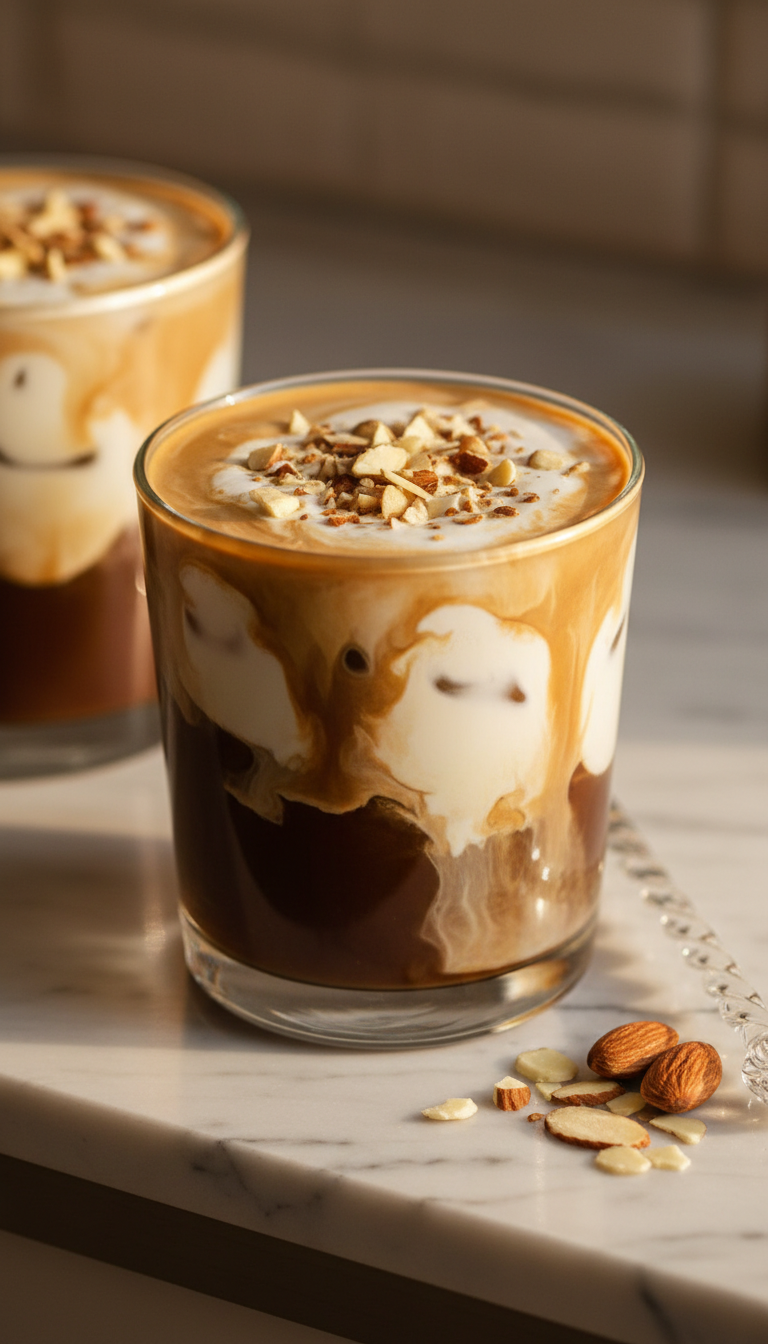 High-fat iced coffee with cream marbling and slivered almonds on a marble counter, bathed in warm golden hour light. Keto coffee.