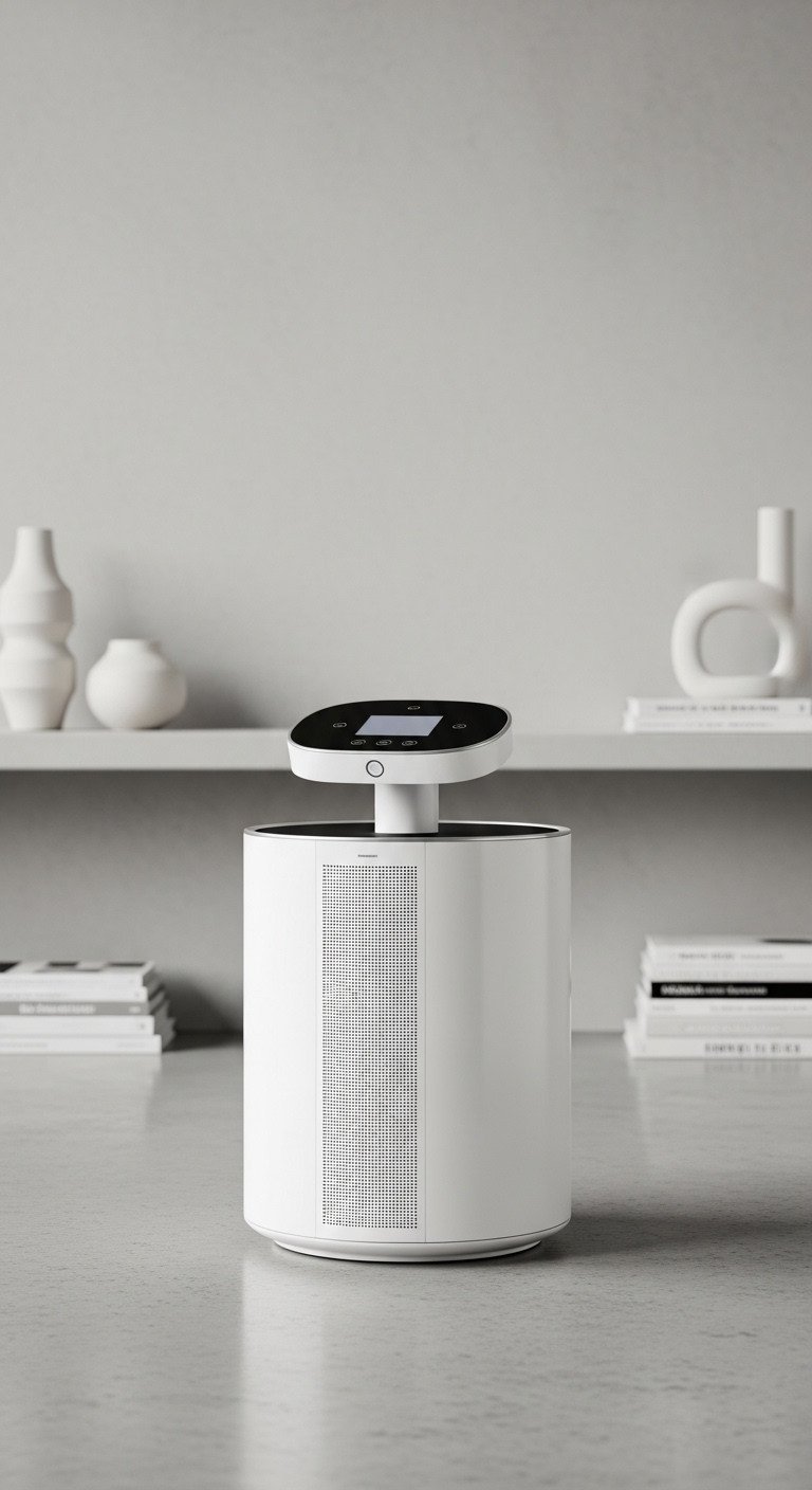 High gloss white smart coffee table reflects light in a modern, minimalist living space. Premium, elegant design statement.