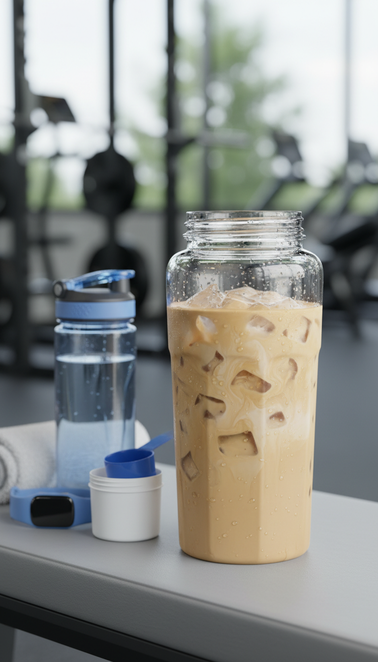 Healthy Dunkin Iced Coffee 7 Proven Low-Calorie Drinks 5 High-protein iced coffee in a shaker bottle with ice, beside a water bottle and protein powder on a gym bench.
