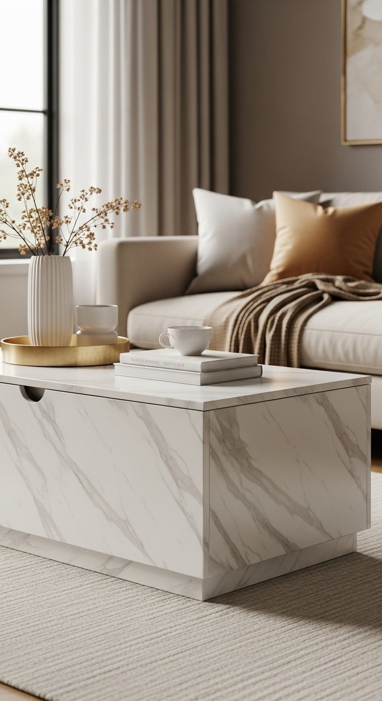 High-quality faux white marble coffee table with storage, achieving budget-friendly luxury in an upscale modern living room.
