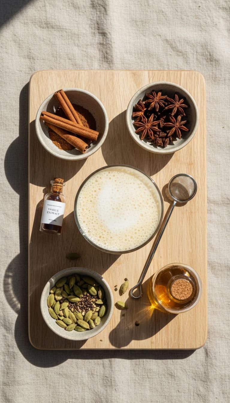 Hojicha Latte Master Recipe for Perfect Creamy Flavor 13 Hojicha Latte surrounded by small bowls of warming spices like cinnamon, star anise, and cardamom on wood.