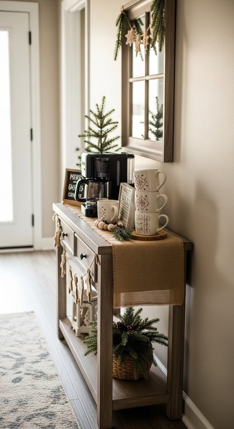 Holiday beverage station on a narrow distressed console table with coffee maker, festive mugs, burlap runner, garland in a cozy hallway.