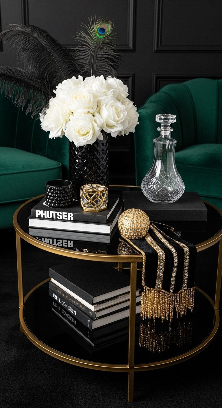 Glam Coffee Table: Smart Styling Tips for a Luxurious Home 17 Hollywood Glam coffee table: black and gold table, white accessories, velvet, crystal decanter, black books.