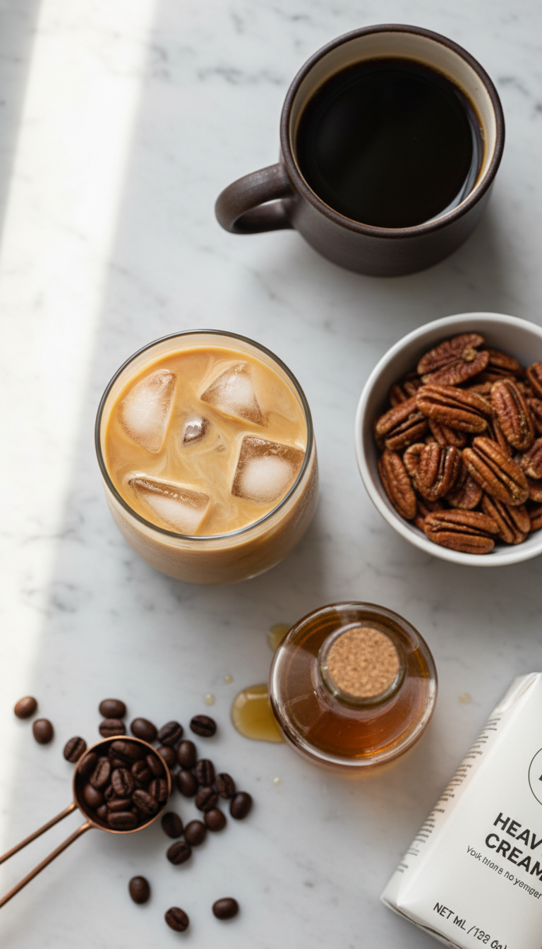 Homemade Butter Pecan Iced Coffee, roasted pecans, vanilla syrup, coffee brew, and beans on a light marble countertop.