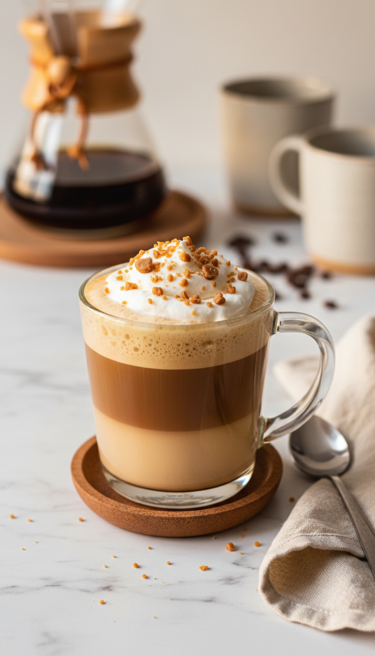 Homemade Toffee Nut Coffee Syrup: Ultimate Starbucks Dupe 11 Homemade Toffee Nut Latte in clear glass mug with whipped cream, toffee bits. Starbucks dupe coffee recipe, cozy setting.