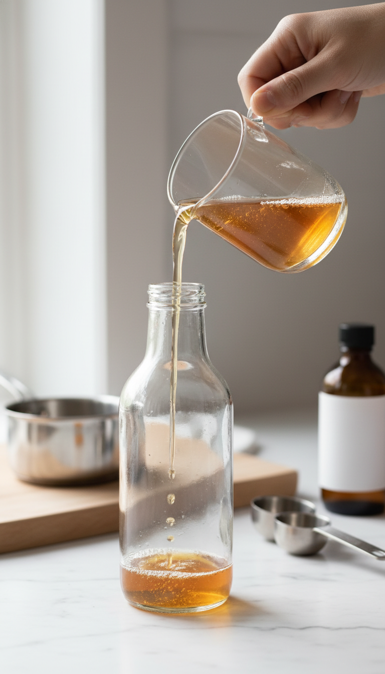 Homemade almond coffee syrup pouring from an elegant glass pitcher into a labeled bottle on a marble kitchen counter with prep tools.