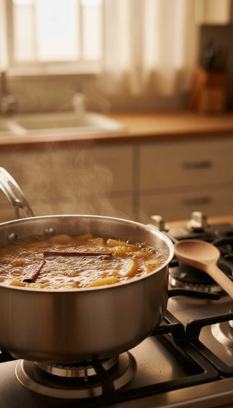 Homemade apple coffee syrup simmering in a stainless steel saucepan with apple pieces and cinnamon sticks.