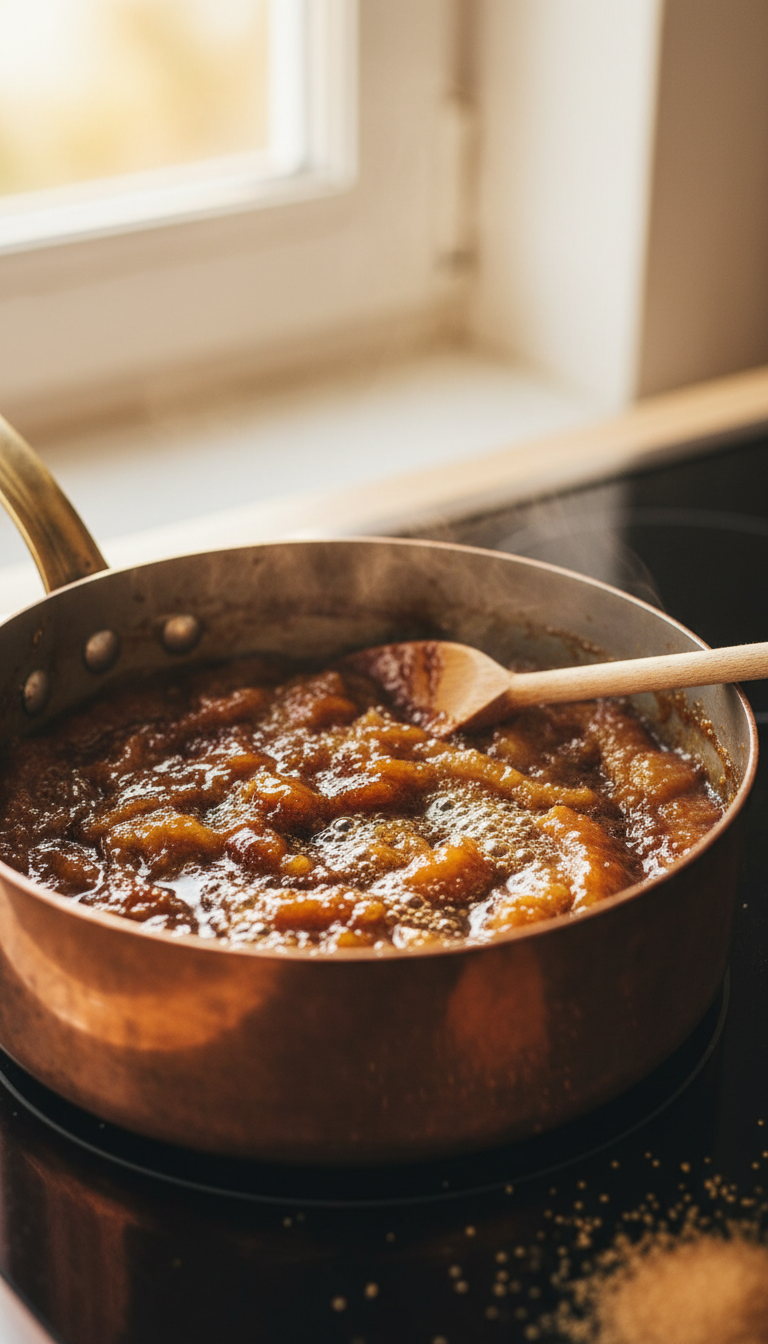 Homemade Banana Coffee Syrup: Proven Recipe for Rich Flavor 3 Homemade banana coffee syrup: thick caramelized mashed bananas simmering in a copper saucepan on a black stovetop.